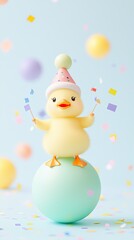 Cute duckling in a clown hat balancing on a circus ball, juggling confetti and pranks, great for April Fool’s Day, April Fool’s duckling, and April Fool’s circus theme