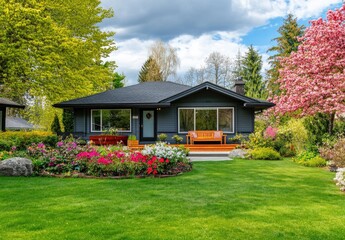Obraz premium Wide shot of a front yard in springtime in Vancouver. The physical house has a grey exterior and white trim