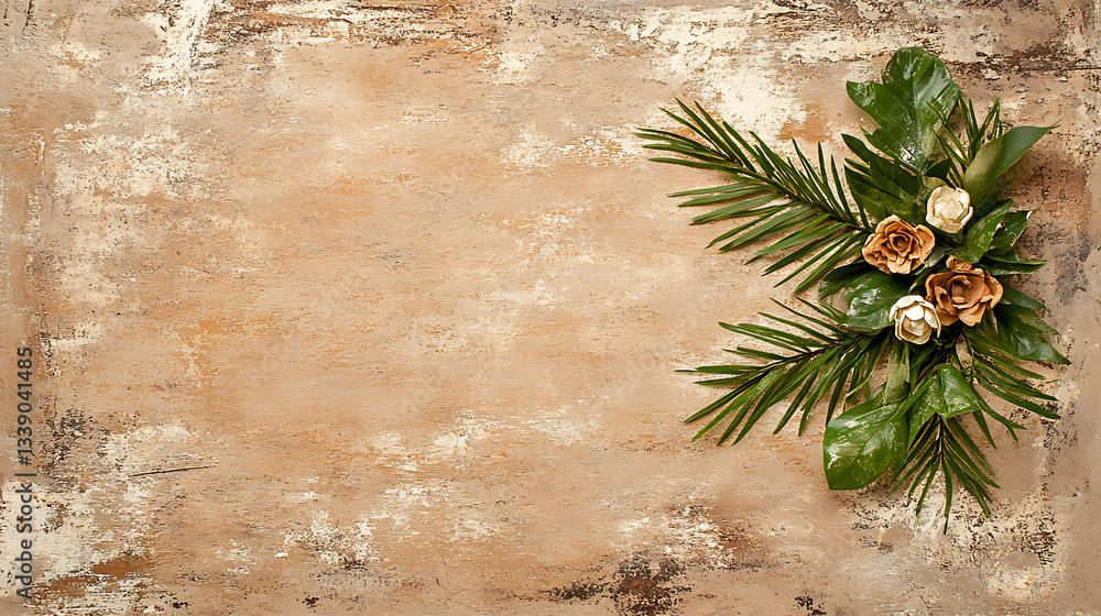 Poster a textured wooden background adorned with green leaves and soft roses, creating a natural and rustic