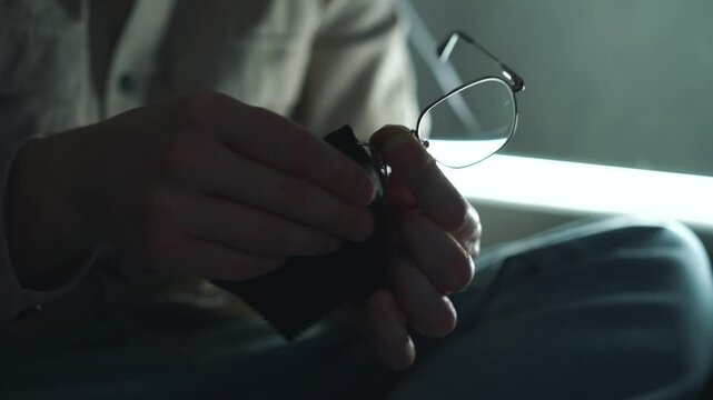 Man wiping his glasses.
Dust on glasses.
Close-up of glasses.
Dirt on glasses