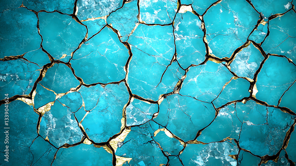 Poster a close-up of a cracked turquoise surface, showcasing intricate patterns and textures in vibrant blu