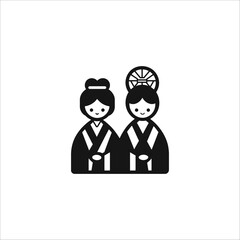 Traditional Japanese Culture Vector Illustration – Black and White Depiction of Two Figures Wearing Kimonos and Symbolizing Heritage and Style.