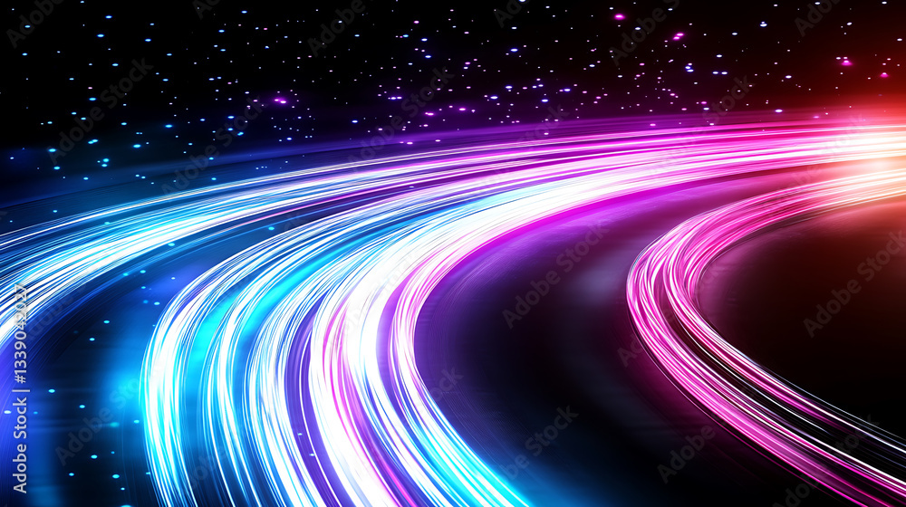 Poster a vibrant, abstract image featuring colorful, flowing light trails against a dark background, creati
