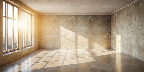 Fototapeta premium Empty Beige Room, Stucco Walls, Cement Floor, Sunlight, Interior Design Inspiration