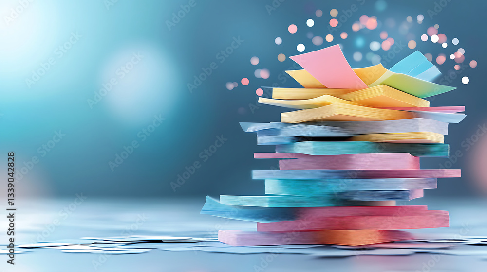 Poster A colorful stack of paper sheets with floating shapes, creating a dynamic, creative atmosphere against a blurred background