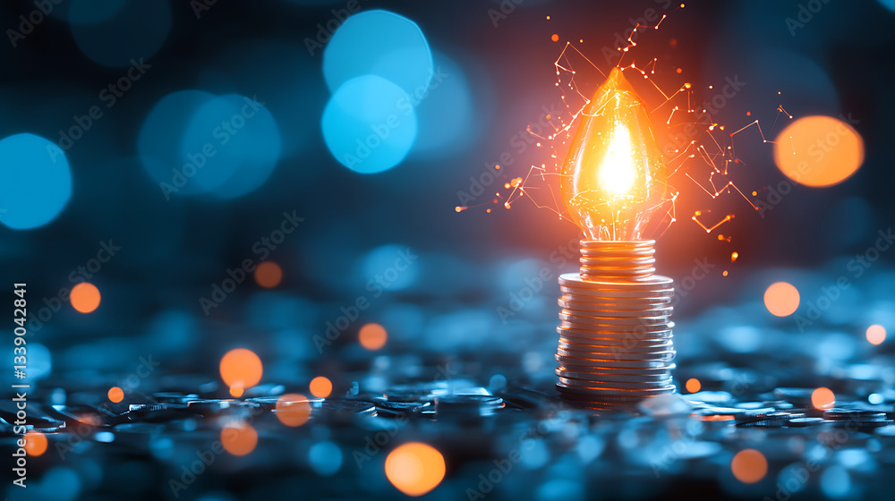 Poster A glowing light bulb shaped like a flame sits on a reflective surface, surrounded by colorful bokeh lights, creating a vibrant and creative atmosphere