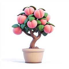 Delightful Cartoon Peach Tree with Lush Green Leaves and Pink Peaches in a Simple Pot