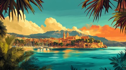 Palma De mallorca Spain Poster Illustration Travel Print Decor Gift Paper Canvas Wall Retro Art