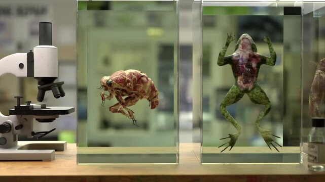 Preserved dead animal specimens in glass aquariums filled with formalin and water. Camera moves showing wet specimens. 3D animation