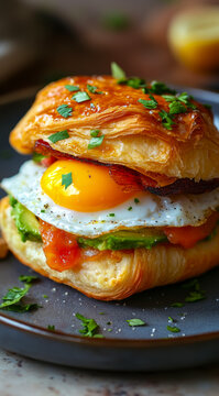 Enjoying a coruscant croissant filled with poached egg and avocado as a delightful breakfast option with soft lighting and artistic presentation