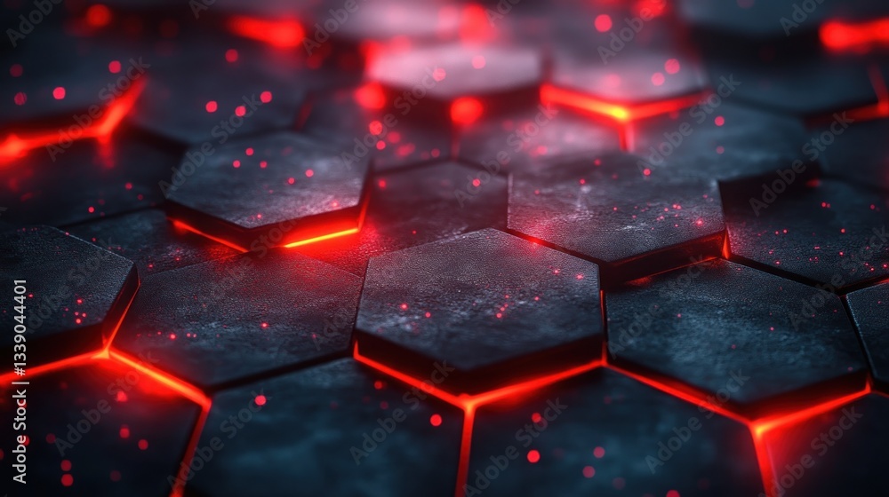 Poster abstract dark hexagon pattern with red glowing lines.