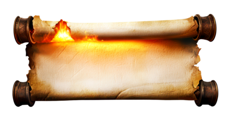 Ancient Scroll Unraveling with Fiery Glow and Hidden Wisdom Isolate on Transparent Background, cutout, png
