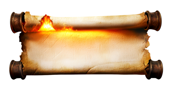 Ancient Scroll Unraveling with Fiery Glow and Hidden Wisdom Isolate on Transparent Background, cutout, png