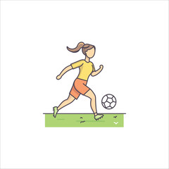 Soccer Action Vector Illustration – A Playful Scene Featuring a Running Player in Yellow Shirt, Orange Shorts, and Green Cleats, Kicking a Classic Black-and-White Soccer Ball on a Grassy Field.