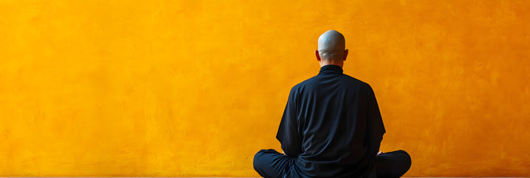 a solitary figure meditating in a Taoist temple - the Taoist practices of mindfulness and meditation wide banner - yellow background