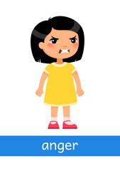 Anger - concept of emotion. Little girl with angry expression. Learning English language. Children psychology. Cute cartoon character