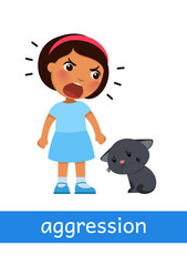aggression; Little girl;  screaming; black kitten; Children psychology; learning English language; child behavior; school psychologist; educational clipart; English classroom; language school; foreign