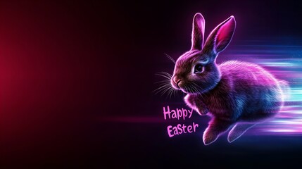 Fototapeta premium A digital illustration shows a bunny hopping with neon coloring and motion trails on a dark background, displaying the words 'Happy Easter' in pink st