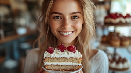 Smiling woman savoring a slice of cake with pure happiness indulgence and freedom 3D render