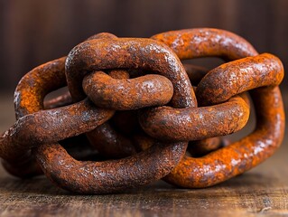 Fototapeta premium Rusty chain on wood table, close-up, texture in background