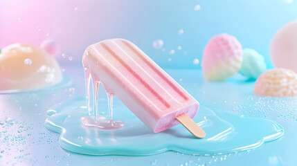 A vibrant, pastel-colored image showcasing a melting pink and peach popsicle on a light teal surface.