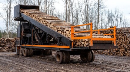 A firewood processor machine in a lumberyard, producing split logs.