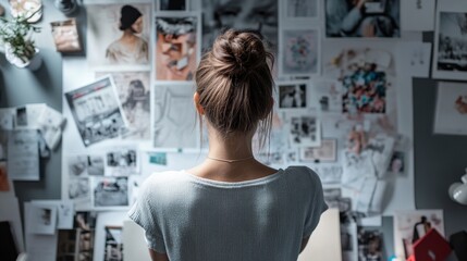 Obraz premium Young caucasian female analyzing creative inspiration wall in artistic workspace