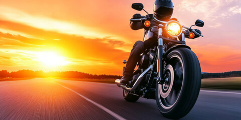 Motorcycle rider speeding along an open road during a vibrant sunset in the countryside, banner, copy space
