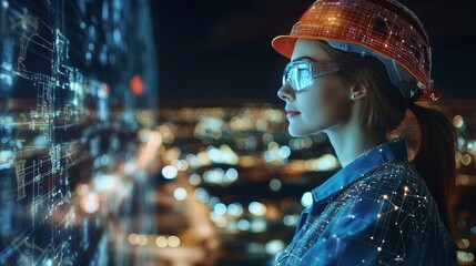 Female engineer at night analyzing digital blueprint with augmented reality
