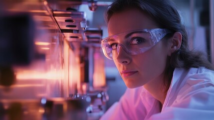 Obraz premium Caucasian female scientist in laboratory wearing safety glasses conducting experiment