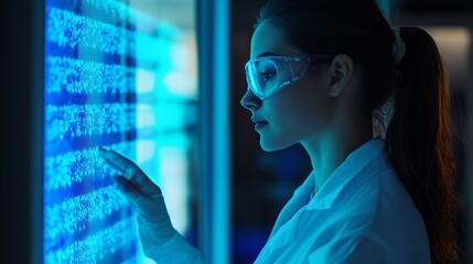 Young caucasian female scientist analyzing digital data on a high-tech screen