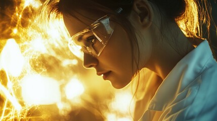 Fototapeta premium Female scientist in laboratory setting with protective eyewear, experimental lighting