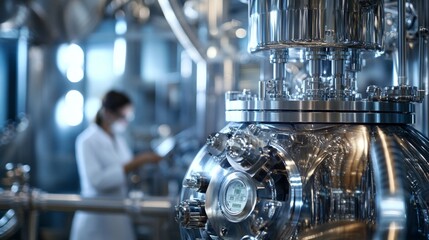 Fototapeta premium Female scientist in modern laboratory working with advanced industrial equipment