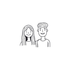 Black and White Minimalistic Vector Illustration of Two People, One Smiling and the Other with an Obscured Face – Symbolic Representation of Interaction and Diversity.