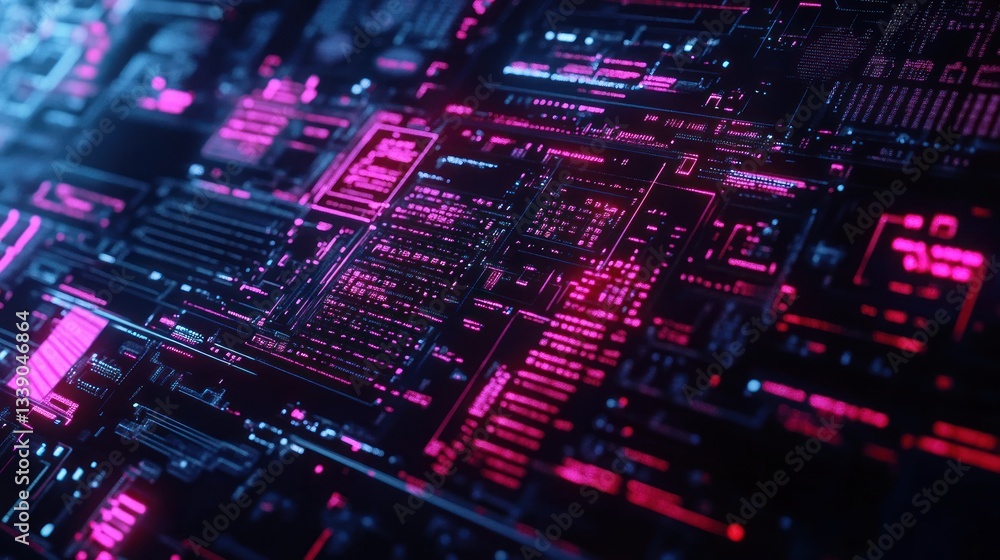 Aufkleber abstract digital data stream with glowing pink and blue lines and symbols on dark background.