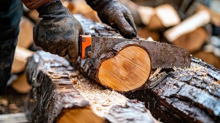 Firewood processor cutting large logs into firewood in the forest.