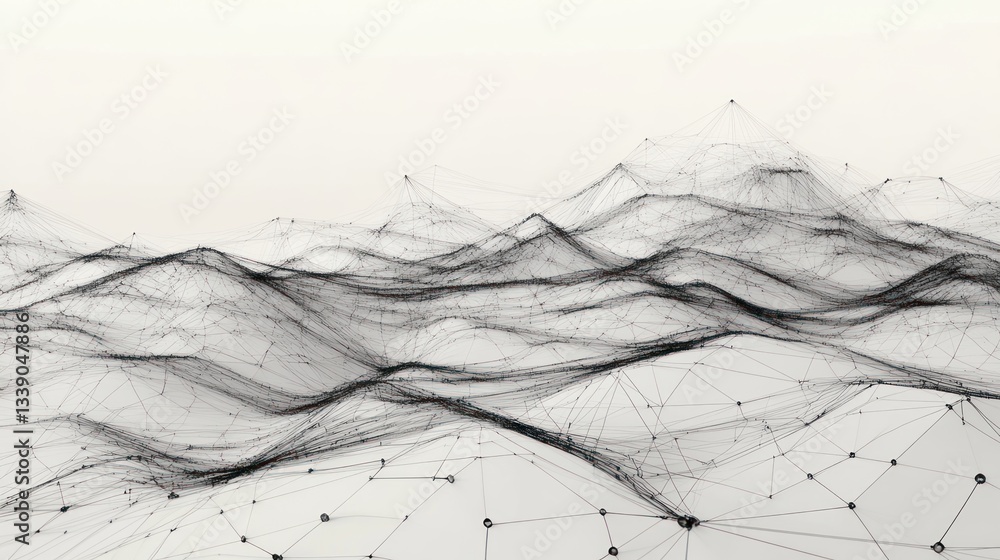 Poster abstract digital landscape with interconnected nodes forming undulating hills.