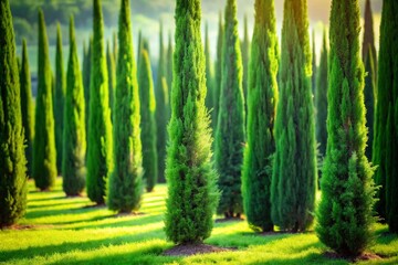 Elegant Slender Green Cypress Trees - Landscaping & Nature Designs - High-Resolution Stock Photo