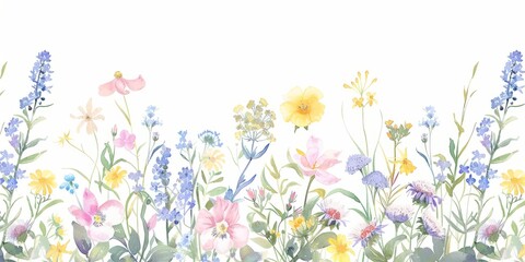 Gentle watercolor floral seamless border. Queen Anne's lace, lantanas, larkspurs, phlox, plumeria, sea holly, spider flowers, stock, strawflowers, tithonia,  illustration on white background.