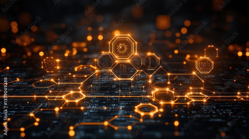 Aufkleber abstract digital technology background with glowing hexagons and circuit board.
