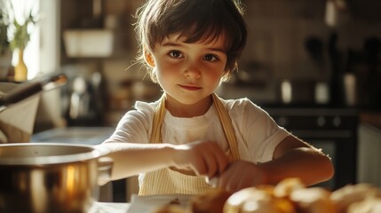 Caucasian young boy cooking in kitchen with natural light