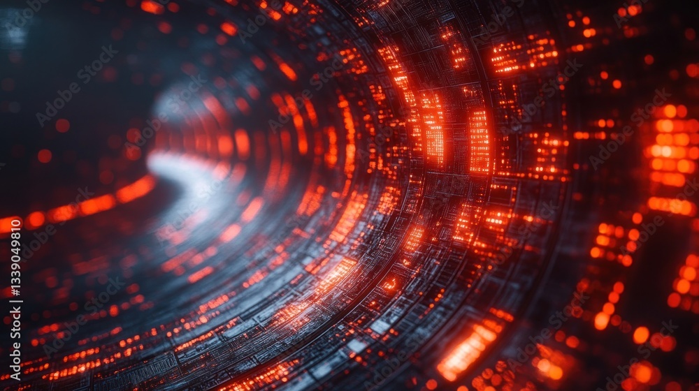 Poster abstract digital tunnel with glowing red and blue lights.