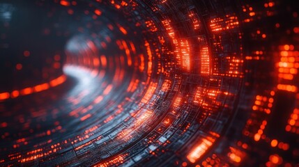 Obraz premium Abstract digital tunnel with glowing red and blue lights.