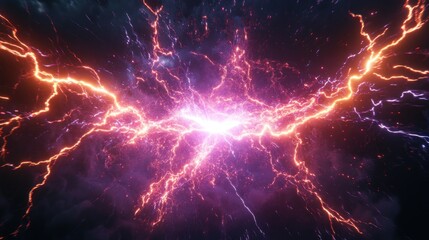 Fototapeta premium Abstract energy burst, vibrant pink and orange lightning strikes in dark background.