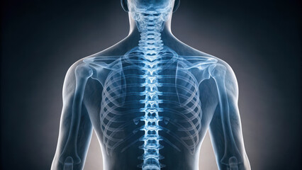 X ray image of human spine and ribcage, showing skeletal structure