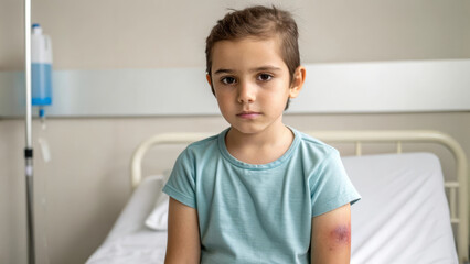 young child with bruise on their arm sits on hospital bed, looking thoughtful