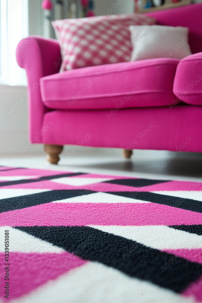 Poster Modern Living Room: A vibrant close-up showcasing a fuchsia sofa against a backdrop of an abstract patterned rug. The focus is on texture and color, creating a cozy and stylish ambiance. 