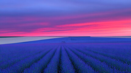 Enchanting field of lavenders bathed in warm sunset light creating a magical evening atmosphere