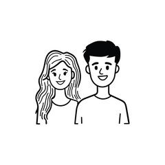 Minimalist black and white line art illustration of a happy young couple smiling together representing love, friendship, and relationships