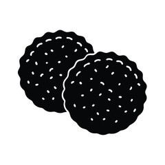 Two Round Crispy Cookies, Sweet Snacks, Black and White Icon